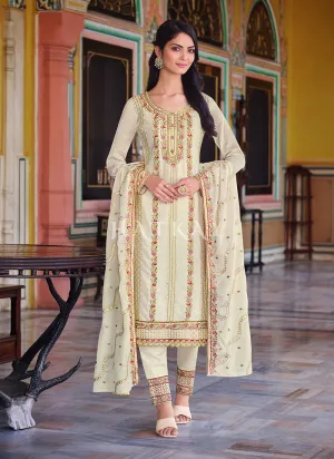 Off White Multi Embroidered Pakistani Pant Style Suit