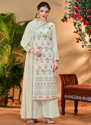 Off White Multi Floral Embroidery Palazzo Style Suit