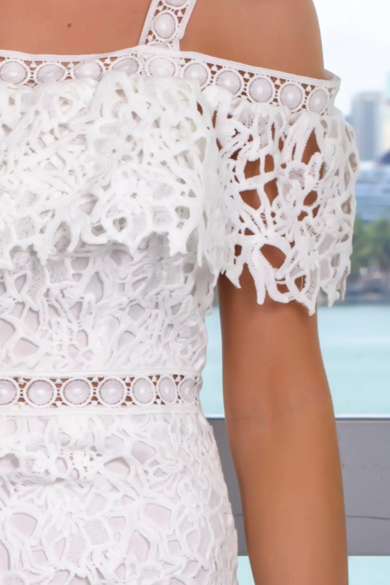 Off White Off Shoulder Crochet Short Dress