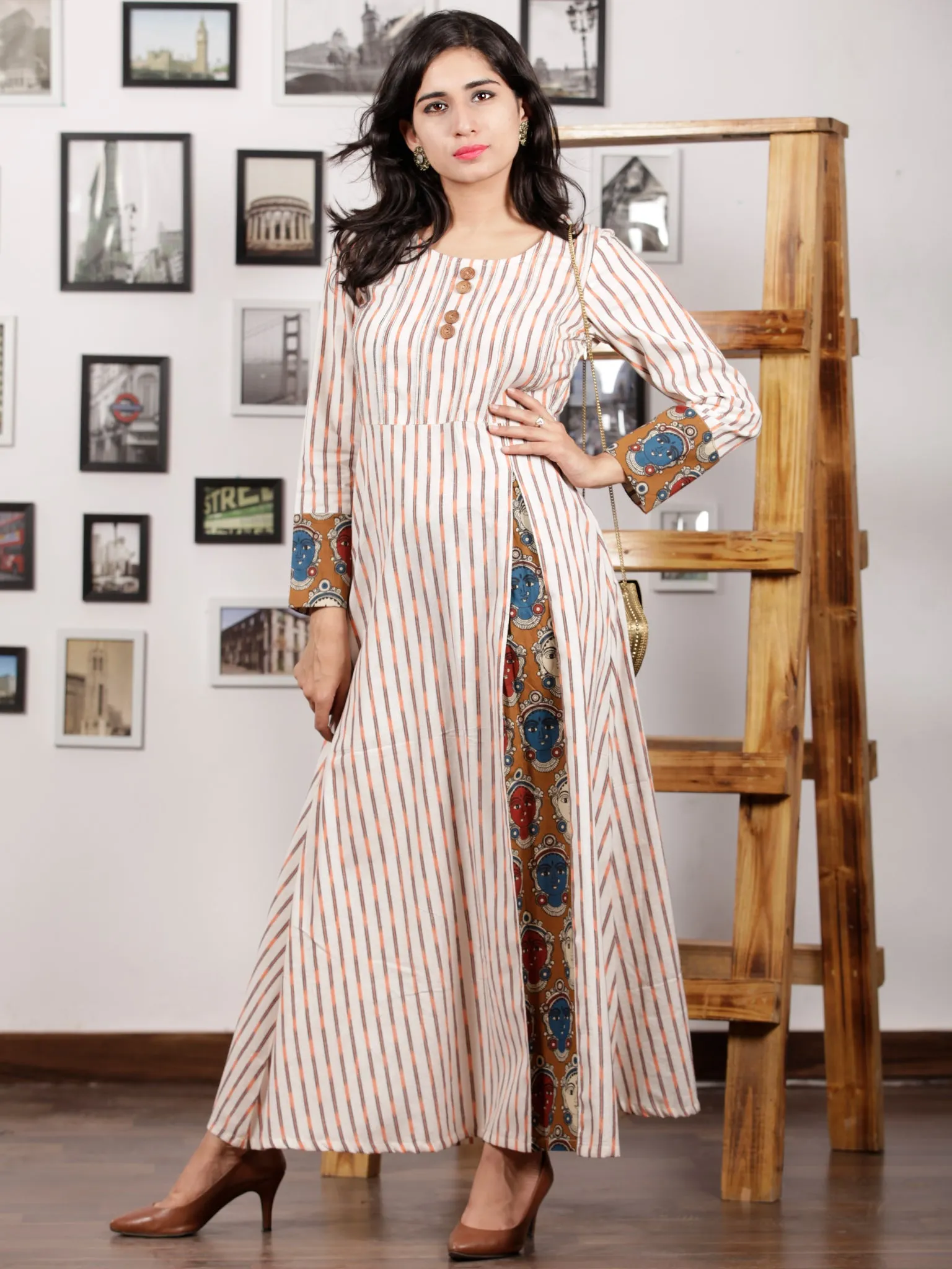 Off White Orange Peanut Brown Maroon Handwoven Ikat Kalamkari Long Dress -  D288F1468