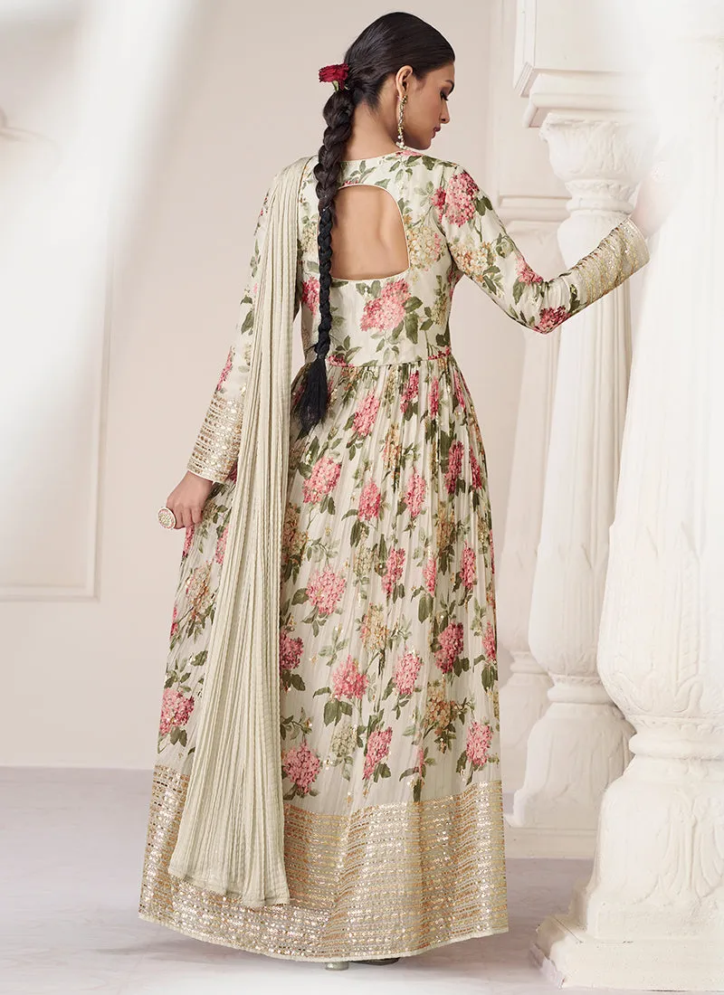 Off White Organza Silk Embroidery Floral Anarkali Suit