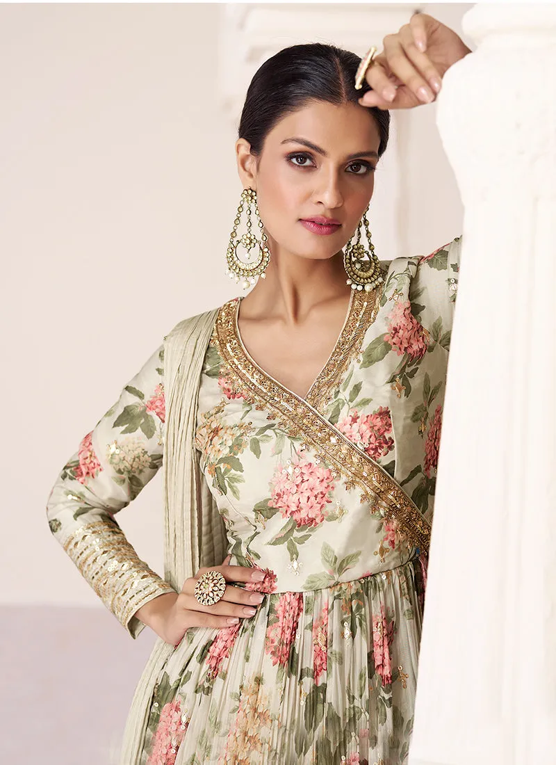 Off White Organza Silk Embroidery Floral Anarkali Suit