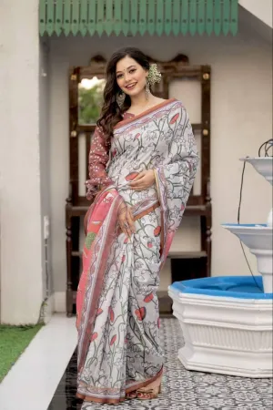 Off White Pichwai Linen Cotton  Saree