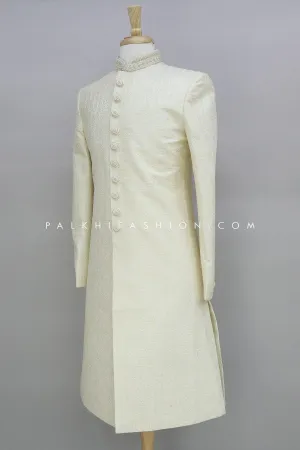 Off White Pure Silk Indo-Western With Embroidery Work