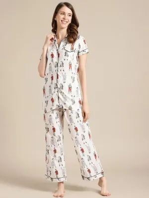 Off White Quirky  Printed Launge Wear Set