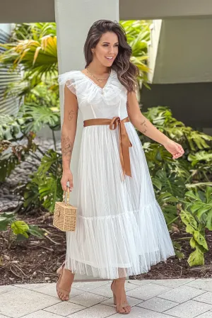 Off White Ruffled Dress With Satin Belt