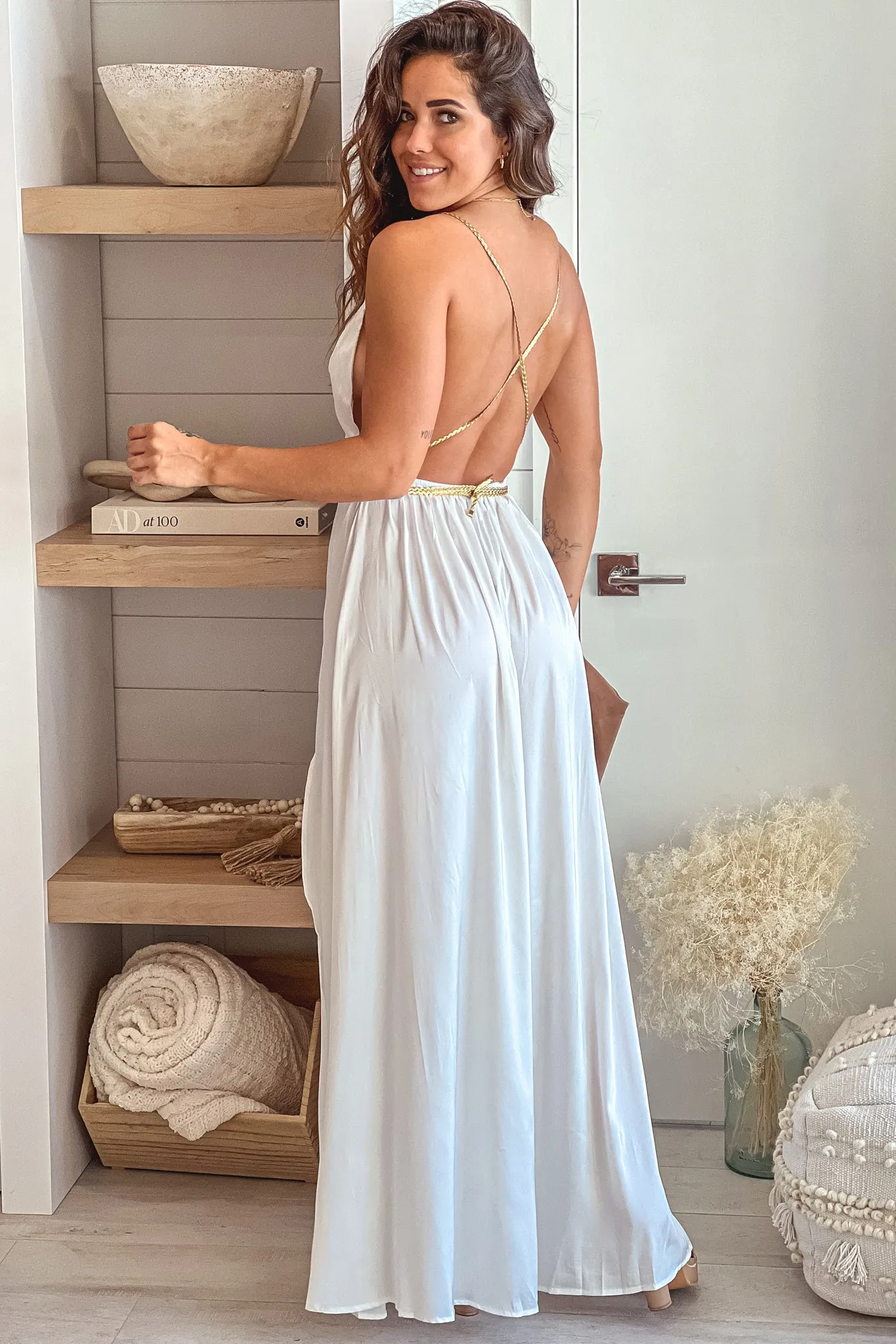 Off White Satin Maxi Dress With Gold Tie Detail