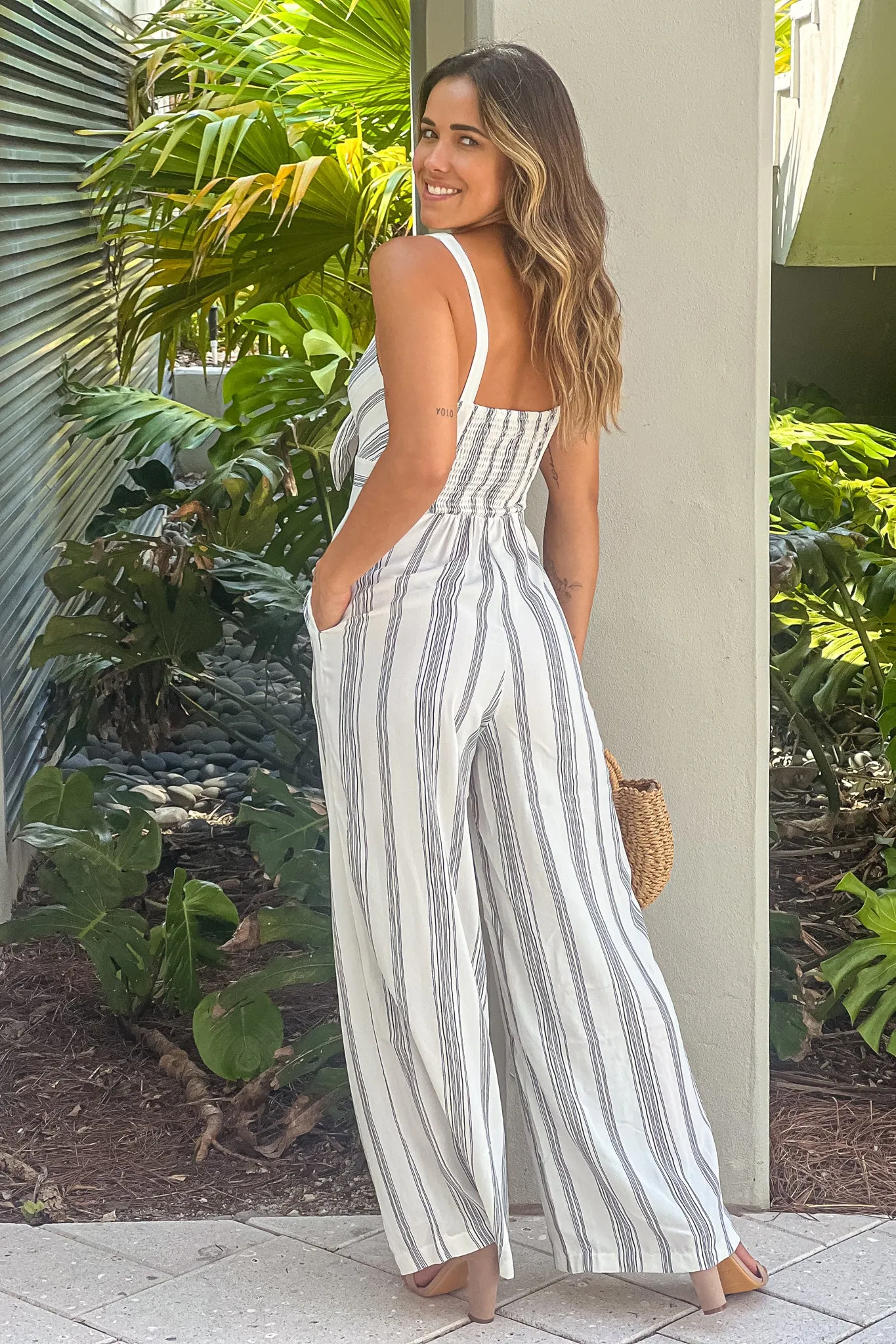 Off White Striped Jumpsuit With Tie Front