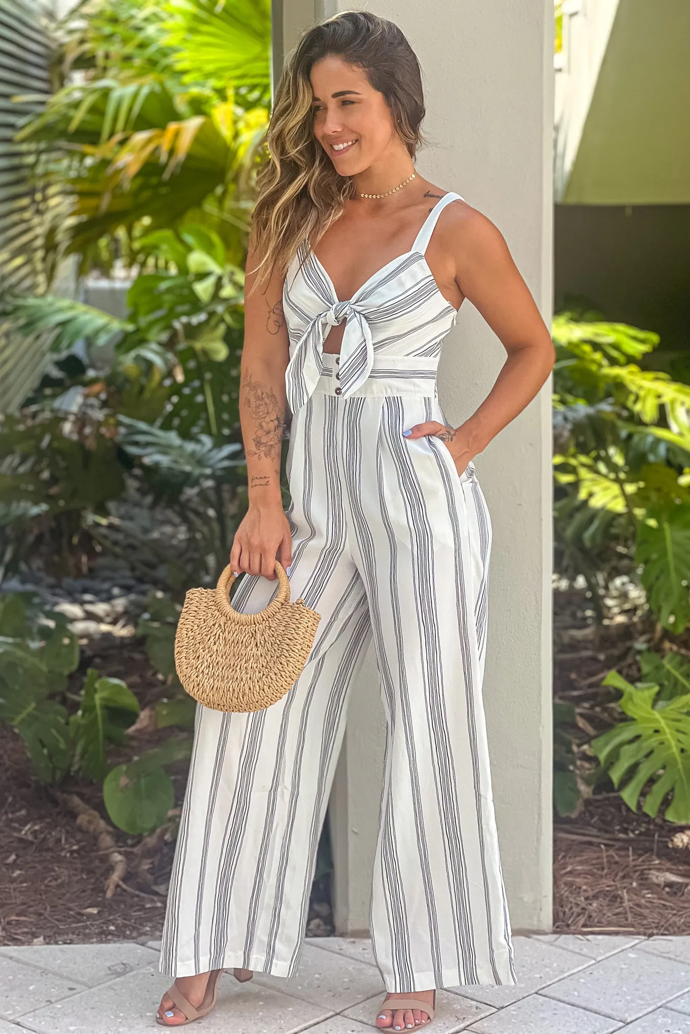 Off White Striped Jumpsuit With Tie Front