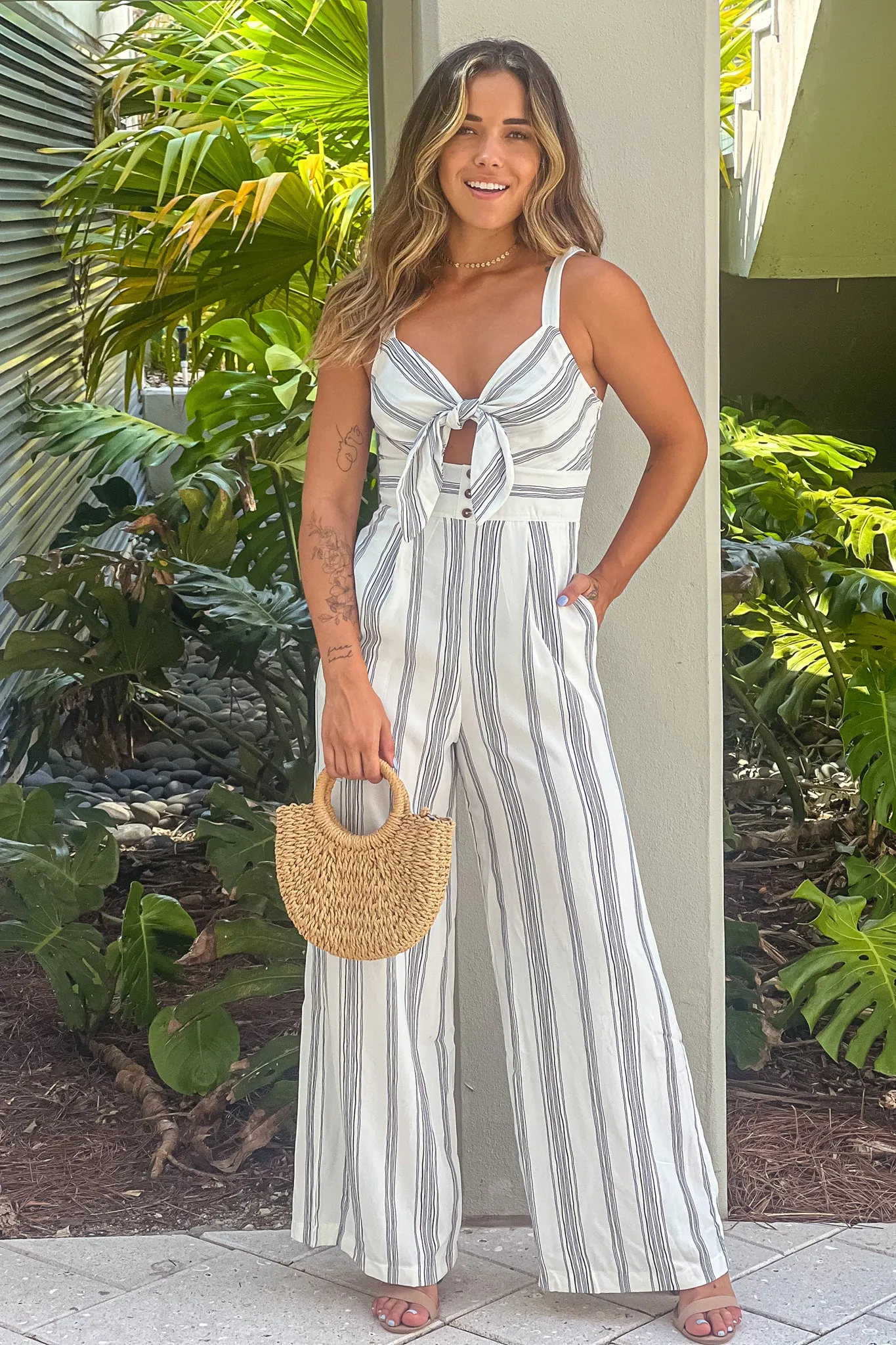 Off White Striped Jumpsuit With Tie Front