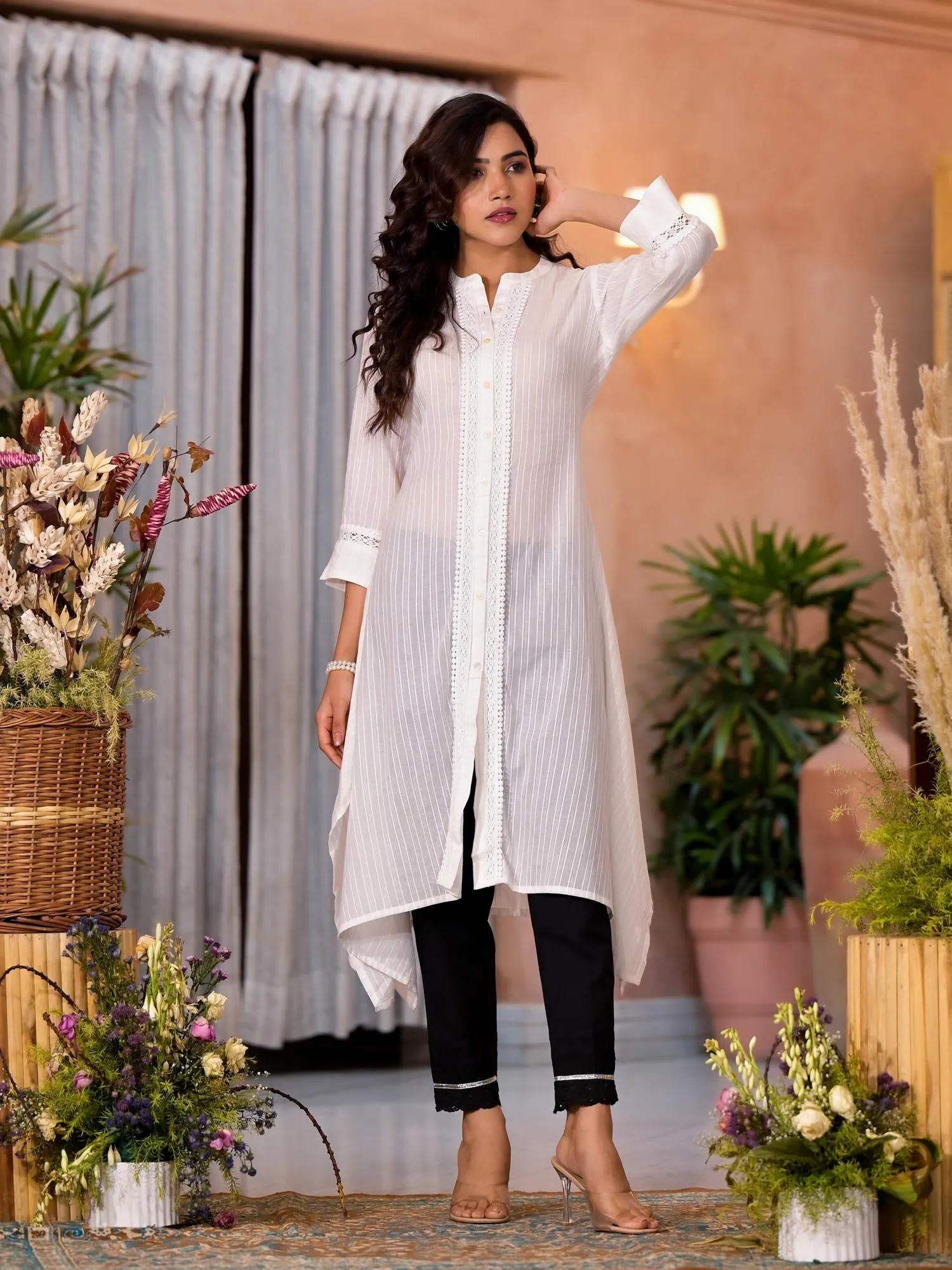 Off White Thread Embroidered Cotton Asymmetrical Kurta With Button Closure