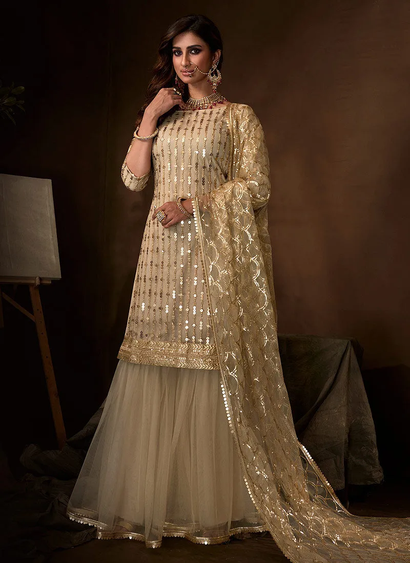 Off White Traditional Embroidered Gharara Suit