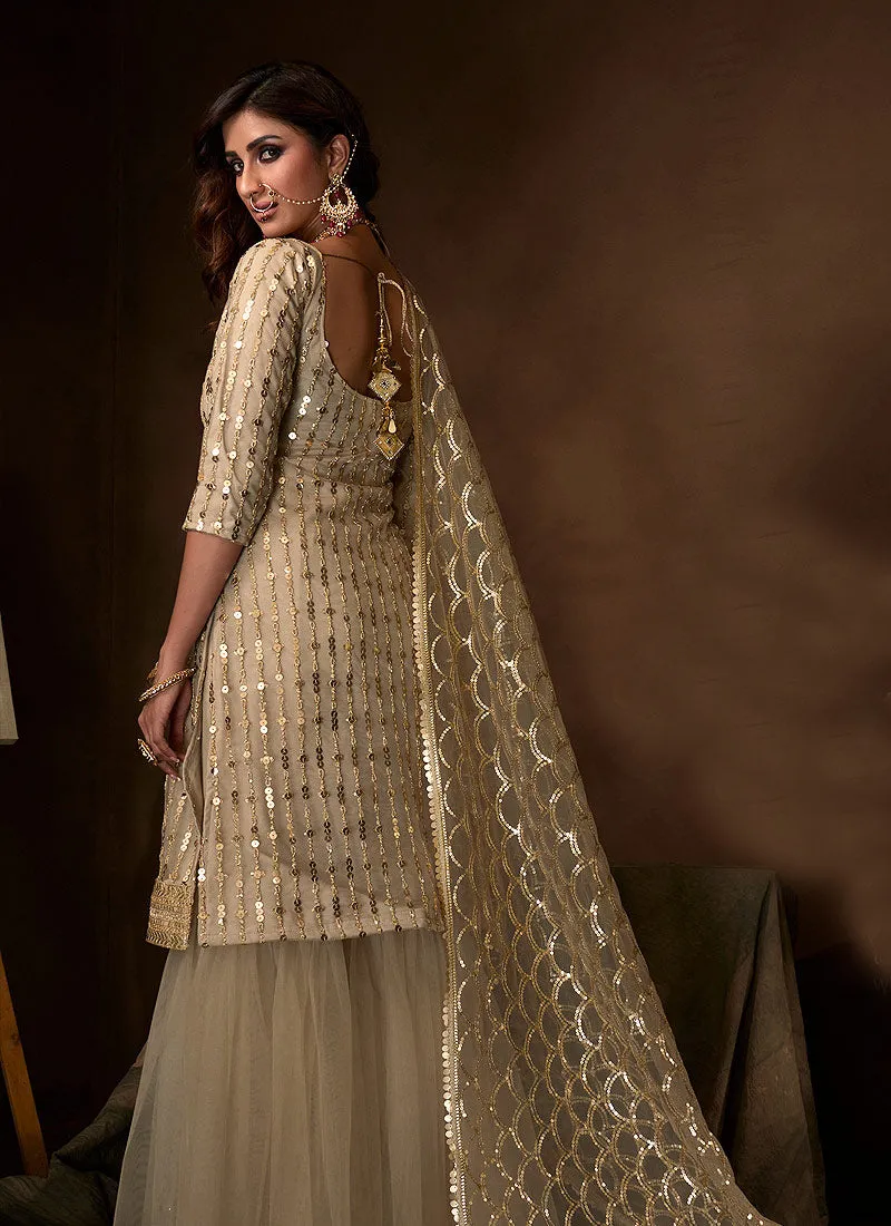 Off White Traditional Embroidered Gharara Suit