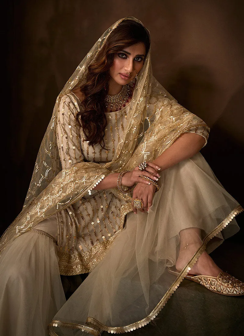 Off White Traditional Embroidered Gharara Suit