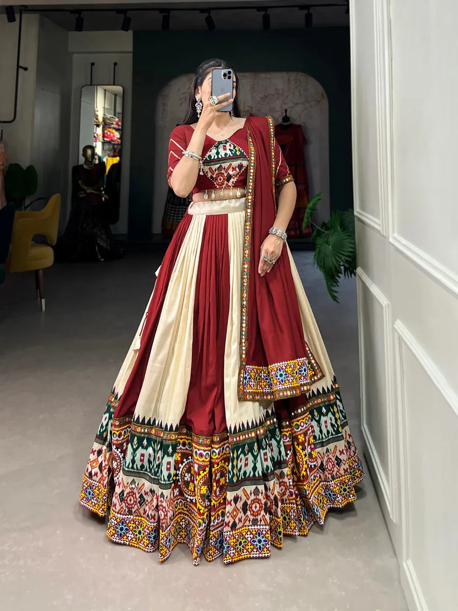 Off White Vibrant Printed Silk Lehenga with Gamthi & Mirror Work