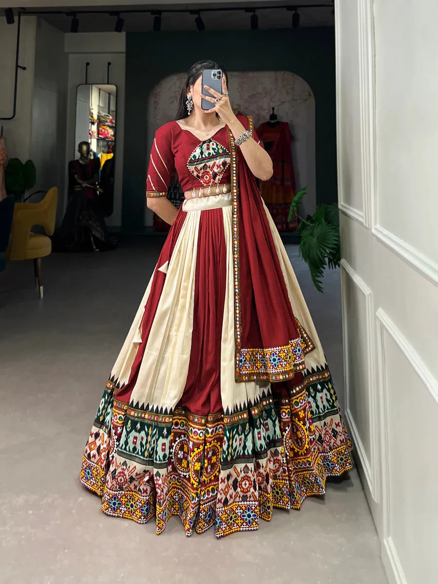 Off White Vibrant Printed Silk Lehenga with Gamthi & Mirror Work