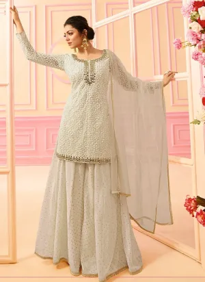 Off White With Golden Embroidered Detail Ethnic Kurti And Palazzo Suit