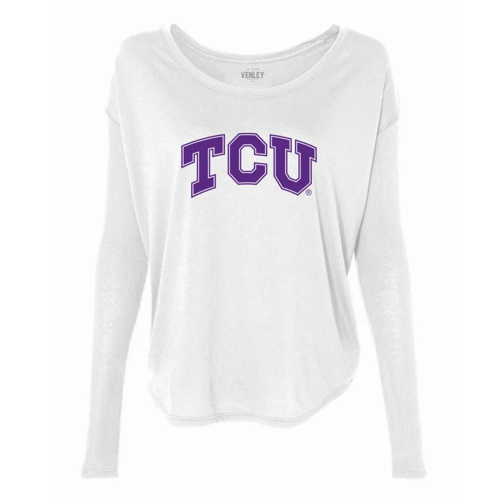 Official NCAA TCU Horned Frogs TCUH07_019 Women's 2x1 Flowy Long Sleeve Tee