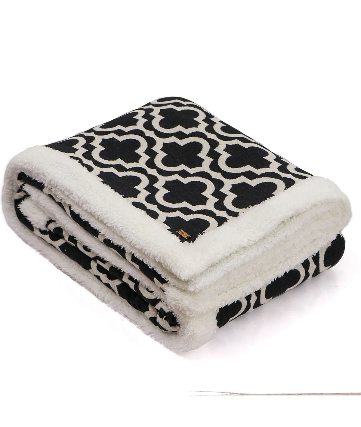 Ogee - Black & White Cotton Knitted Single Bed Blanket layered with Warm Sherpa Fabric