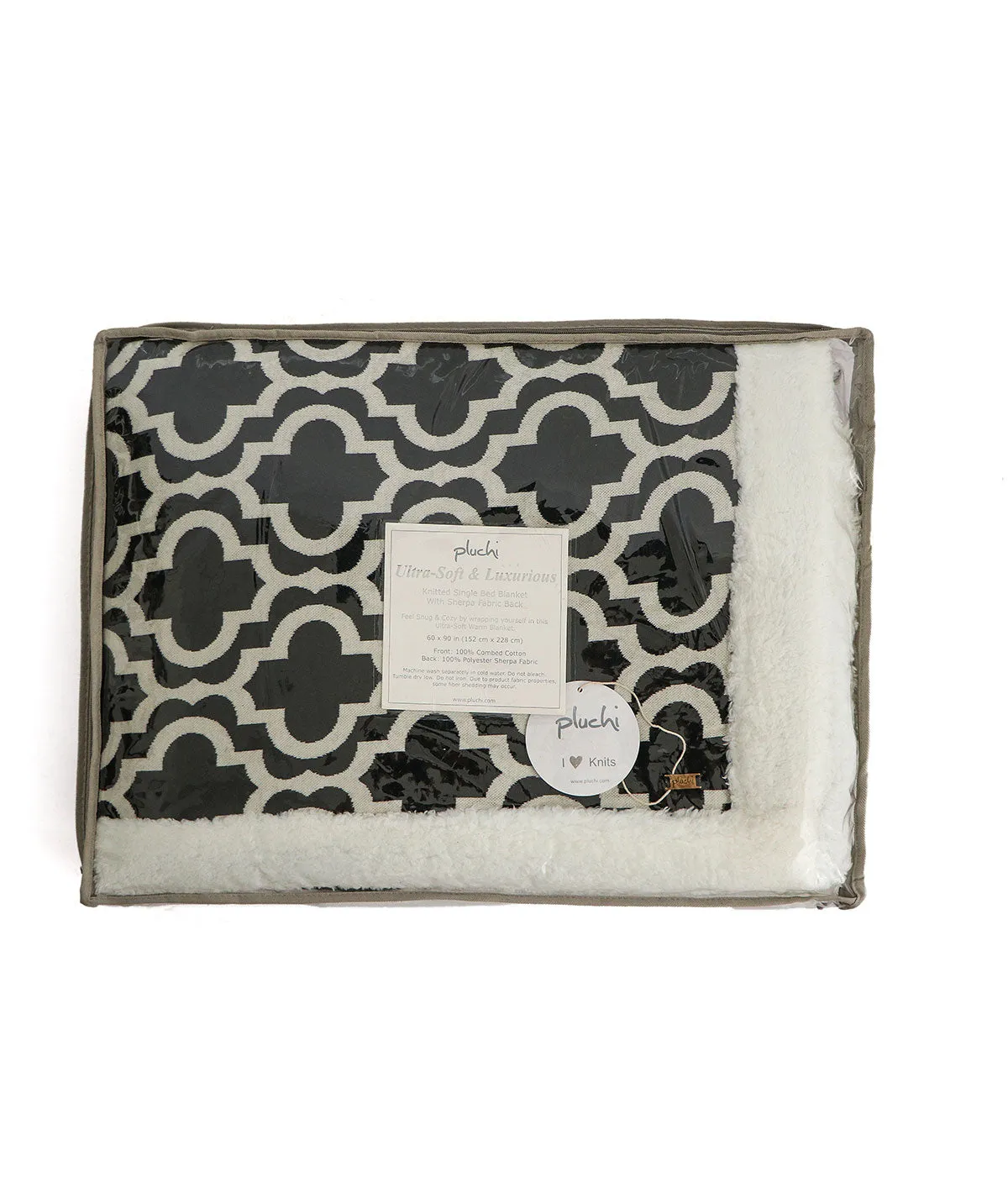 Ogee - Black & White Cotton Knitted Single Bed Blanket layered with Warm Sherpa Fabric