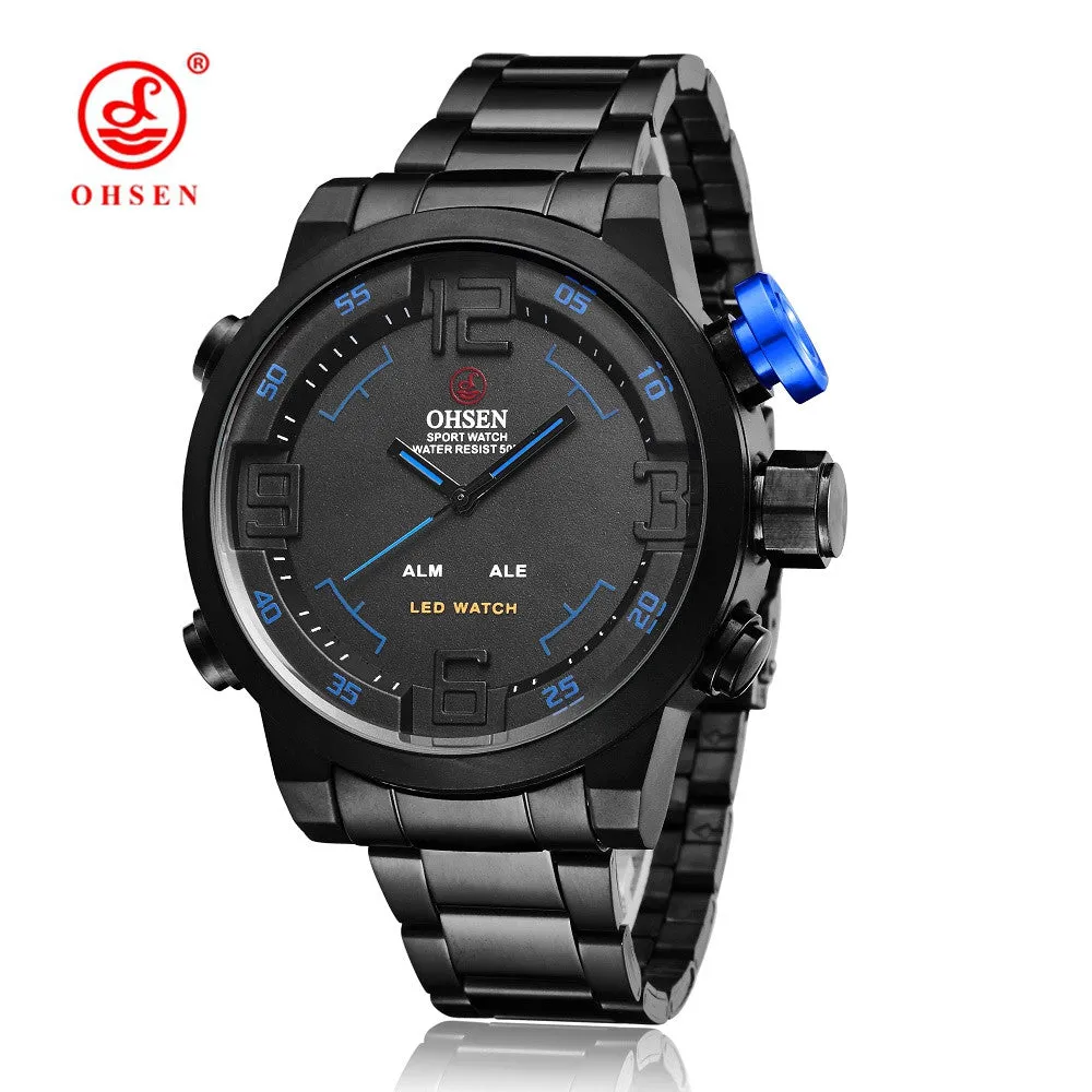 OHSEN Watch Men's Military Watches Men Luxury Brand Full steel Watch Sports Diver Quartz Multi-function LED Display Wristwatches