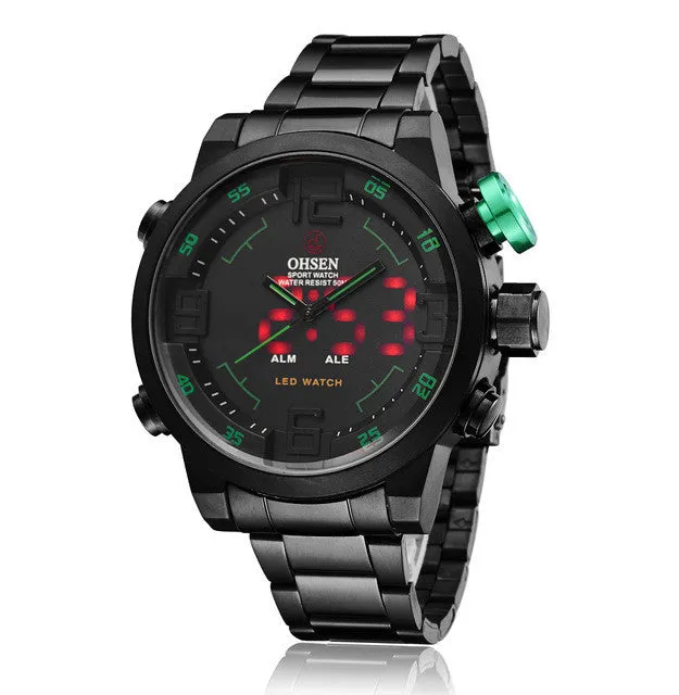 OHSEN Watch Men's Military Watches Men Luxury Brand Full steel Watch Sports Diver Quartz Multi-function LED Display Wristwatches