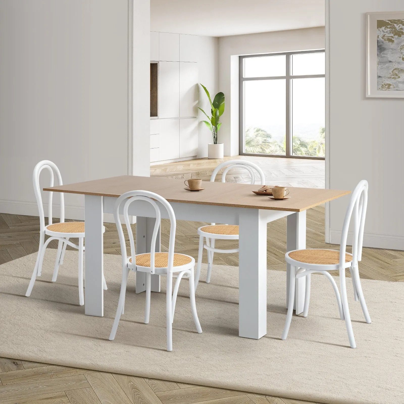 Oikiture 160cm Extendable Dining Table with 4PCS Crossback Dining Chairs White