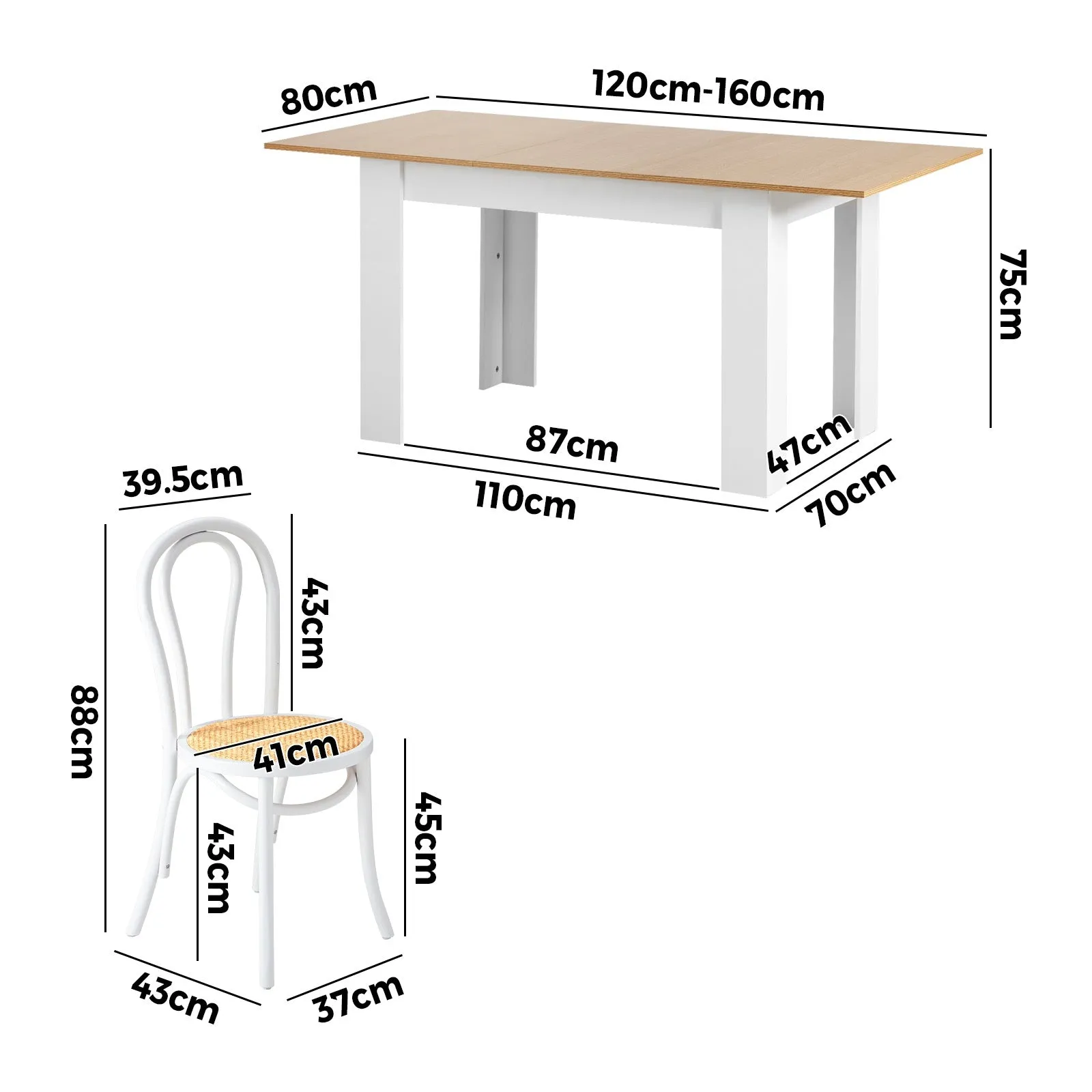 Oikiture 160cm Extendable Dining Table with 4PCS Crossback Dining Chairs White