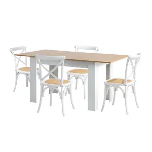 Oikiture 160cm Extendable Dining Table with 4PCS Dining Chairs Crossback White