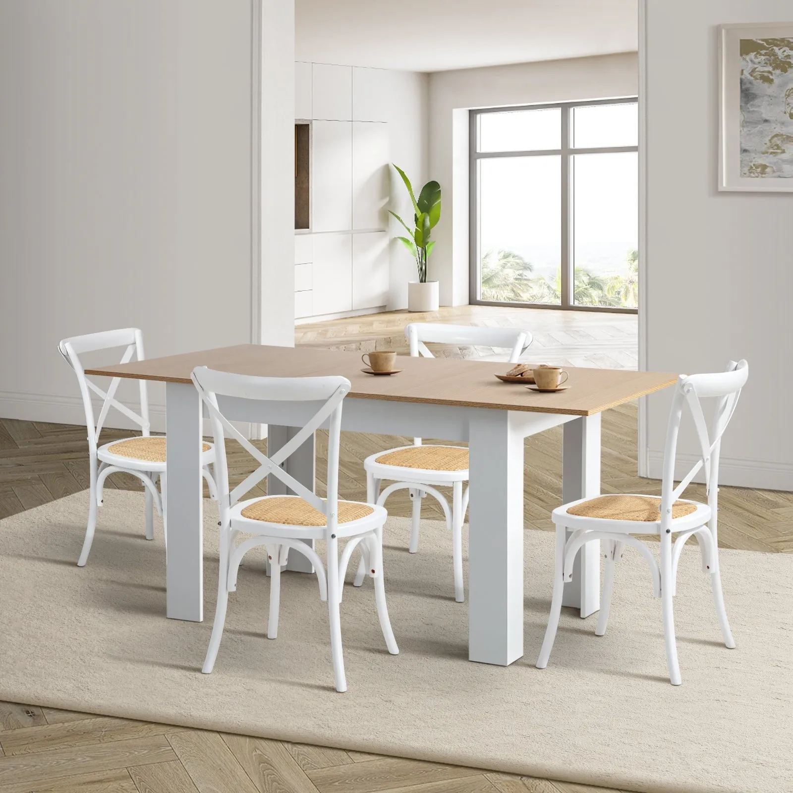 Oikiture 160cm Extendable Dining Table with 4PCS Dining Chairs Crossback White