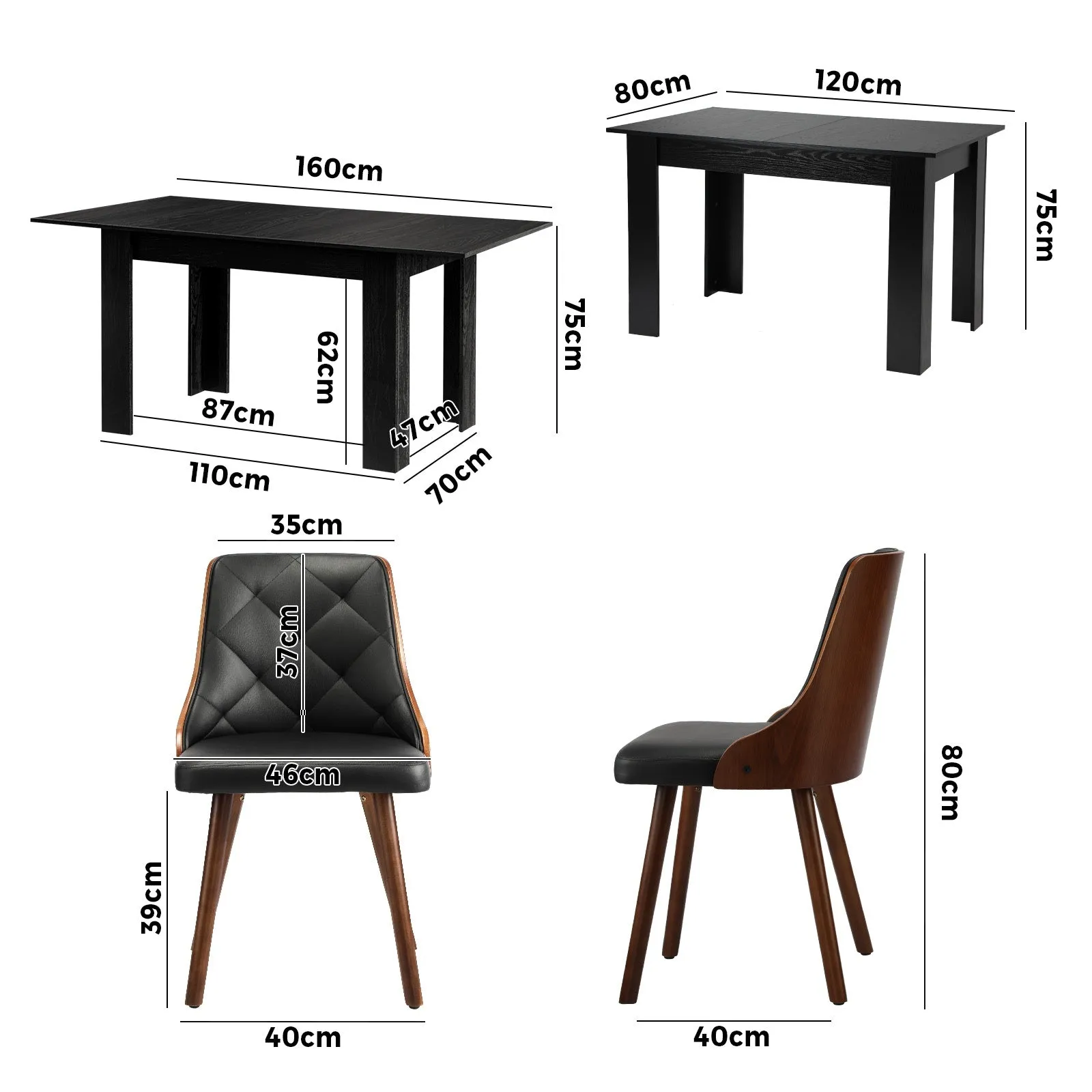 Oikiture 160cm Extendable Dining Table with 6PCS Dining Chairs PU Leather Black