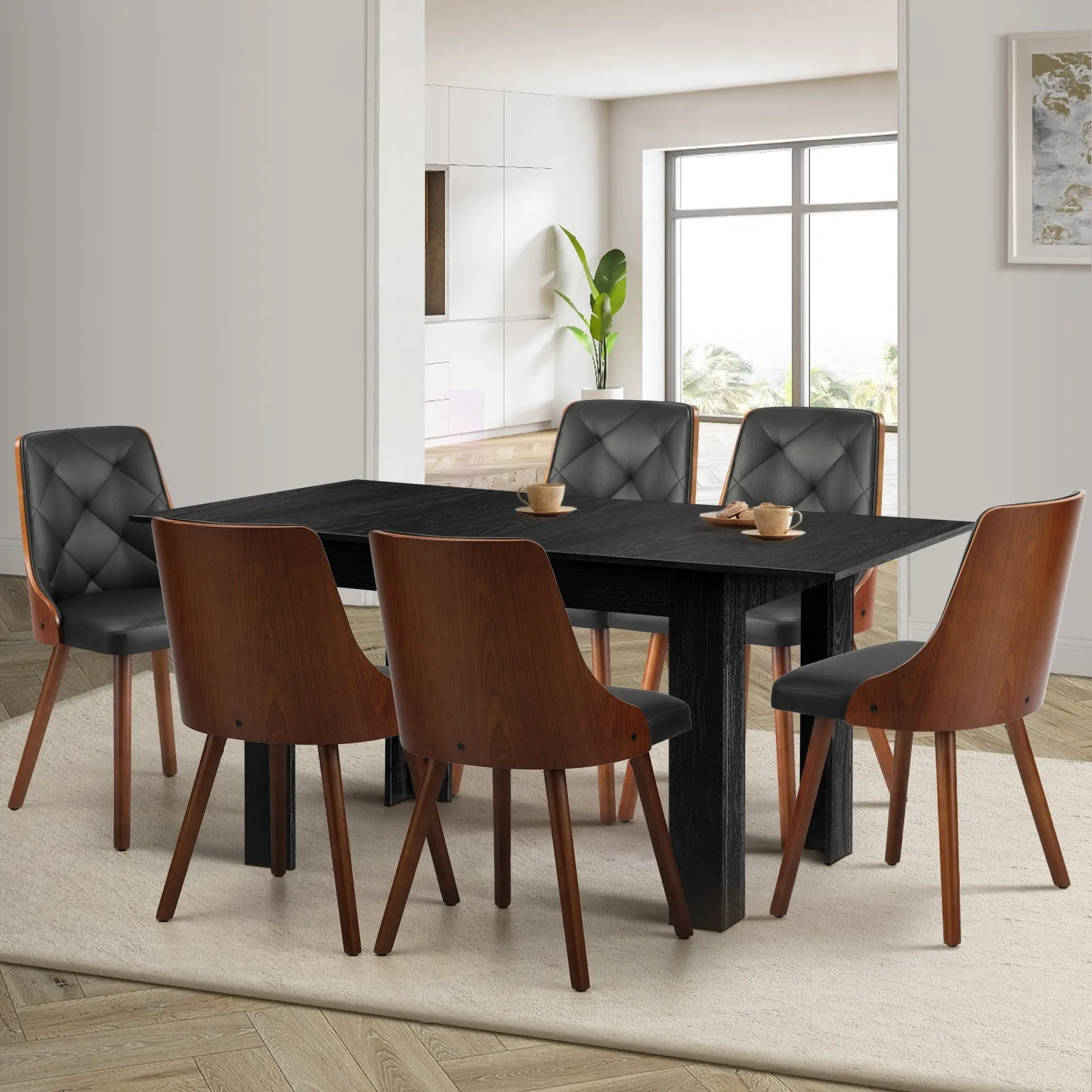 Oikiture 160cm Extendable Dining Table with 6PCS Dining Chairs PU Leather Black