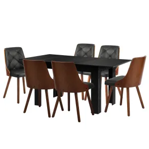 Oikiture 160cm Extendable Dining Table with 6PCS Dining Chairs PU Leather Black