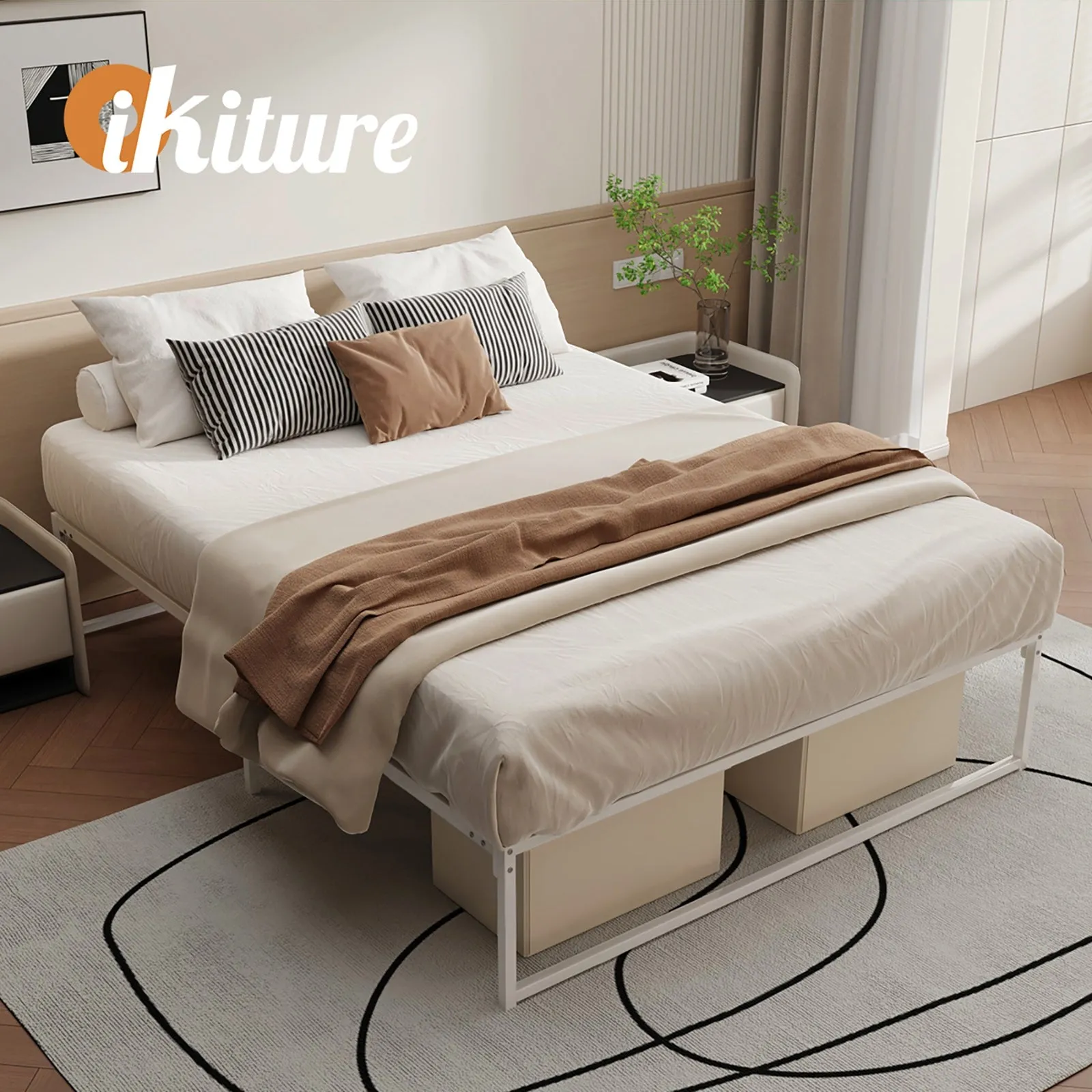 Oikiture Metal Bed Frame Queen Size Beds Base Platform White