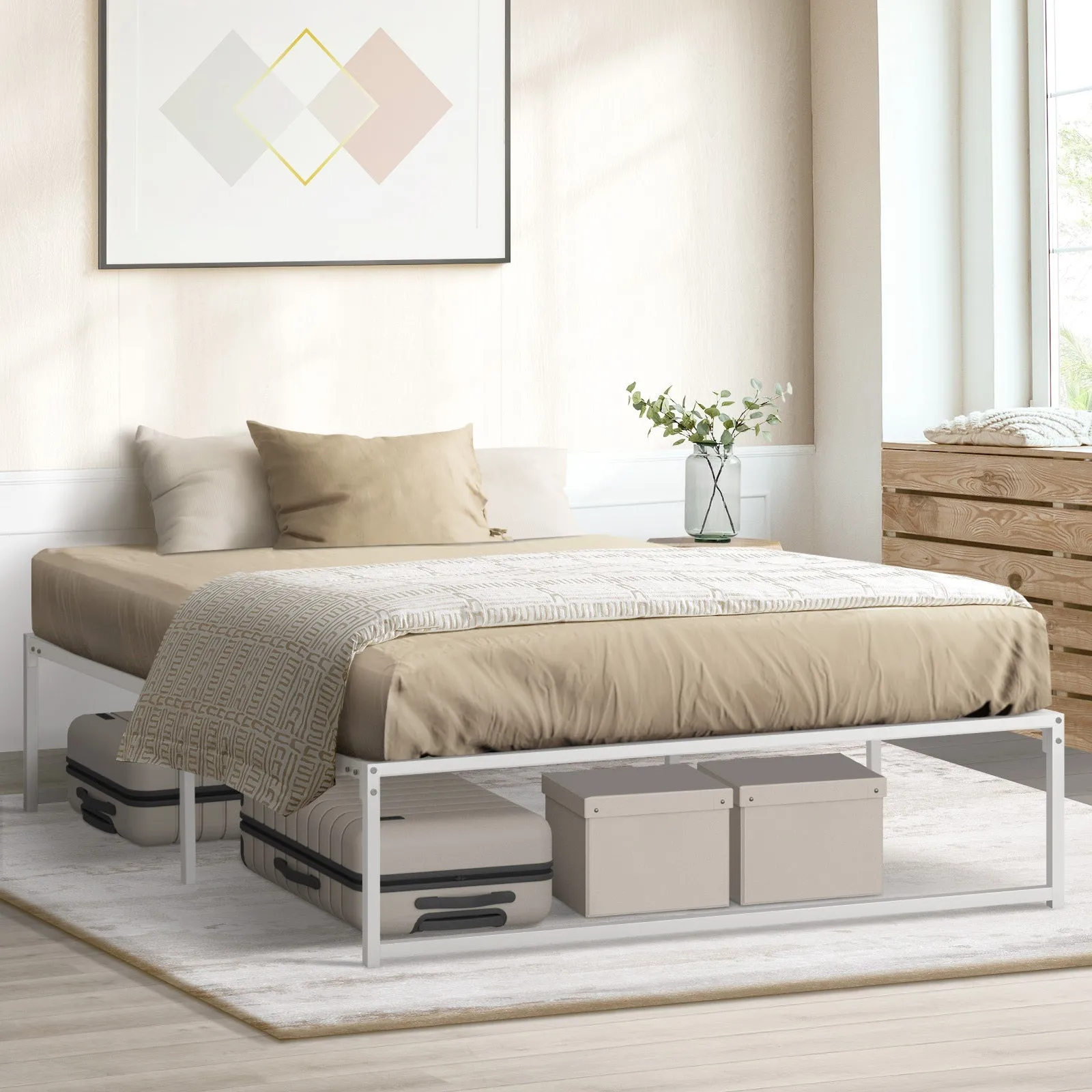 Oikiture Metal Bed Frame Queen Size Beds Base Platform White