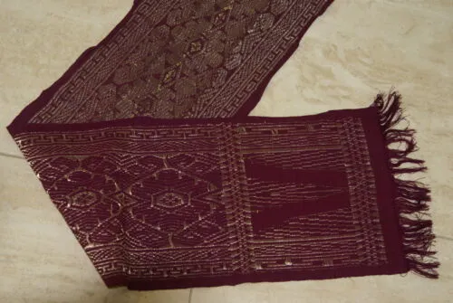 Old Ceremonial Balinese Brocade Damask Handwoven Burgundy Wedding Songket Setagen Sabuk Belt with Metallic Gold Threads 46" x 7.5" (SG22) Collected in Klunkung Regency, Bali & belonging to Nobility royalty