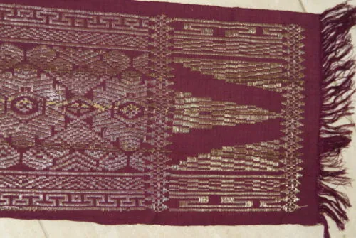 Old Ceremonial Balinese Brocade Damask Handwoven Burgundy Wedding Songket Setagen Sabuk Belt with Metallic Gold Threads 46" x 7.5" (SG22) Collected in Klunkung Regency, Bali & belonging to Nobility royalty