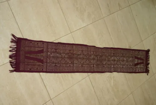 Old Ceremonial Balinese Brocade Damask Handwoven Burgundy Wedding Songket Setagen Sabuk Belt with Metallic Gold Threads 46" x 7.5" (SG22) Collected in Klunkung Regency, Bali & belonging to Nobility royalty