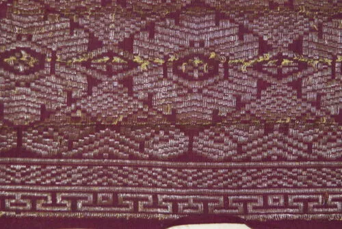 Old Ceremonial Balinese Brocade Damask Handwoven Burgundy Wedding Songket Setagen Sabuk Belt with Metallic Gold Threads 46" x 7.5" (SG22) Collected in Klunkung Regency, Bali & belonging to Nobility royalty