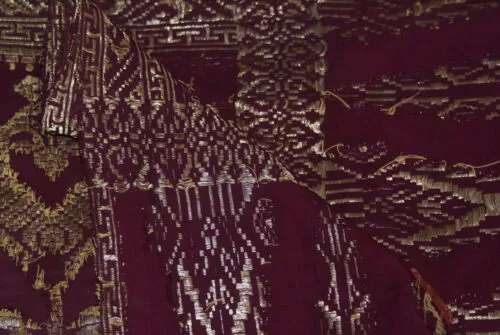 Old Ceremonial Balinese Brocade Damask Handwoven Burgundy Wedding Songket Setagen Sabuk Belt with Metallic Gold Threads 46" x 7.5" (SG22) Collected in Klunkung Regency, Bali & belonging to Nobility royalty