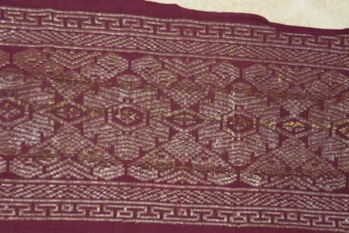 Old Ceremonial Balinese Brocade Damask Handwoven Burgundy Wedding Songket Setagen Sabuk Belt with Metallic Gold Threads 46" x 7.5" (SG22) Collected in Klunkung Regency, Bali & belonging to Nobility royalty