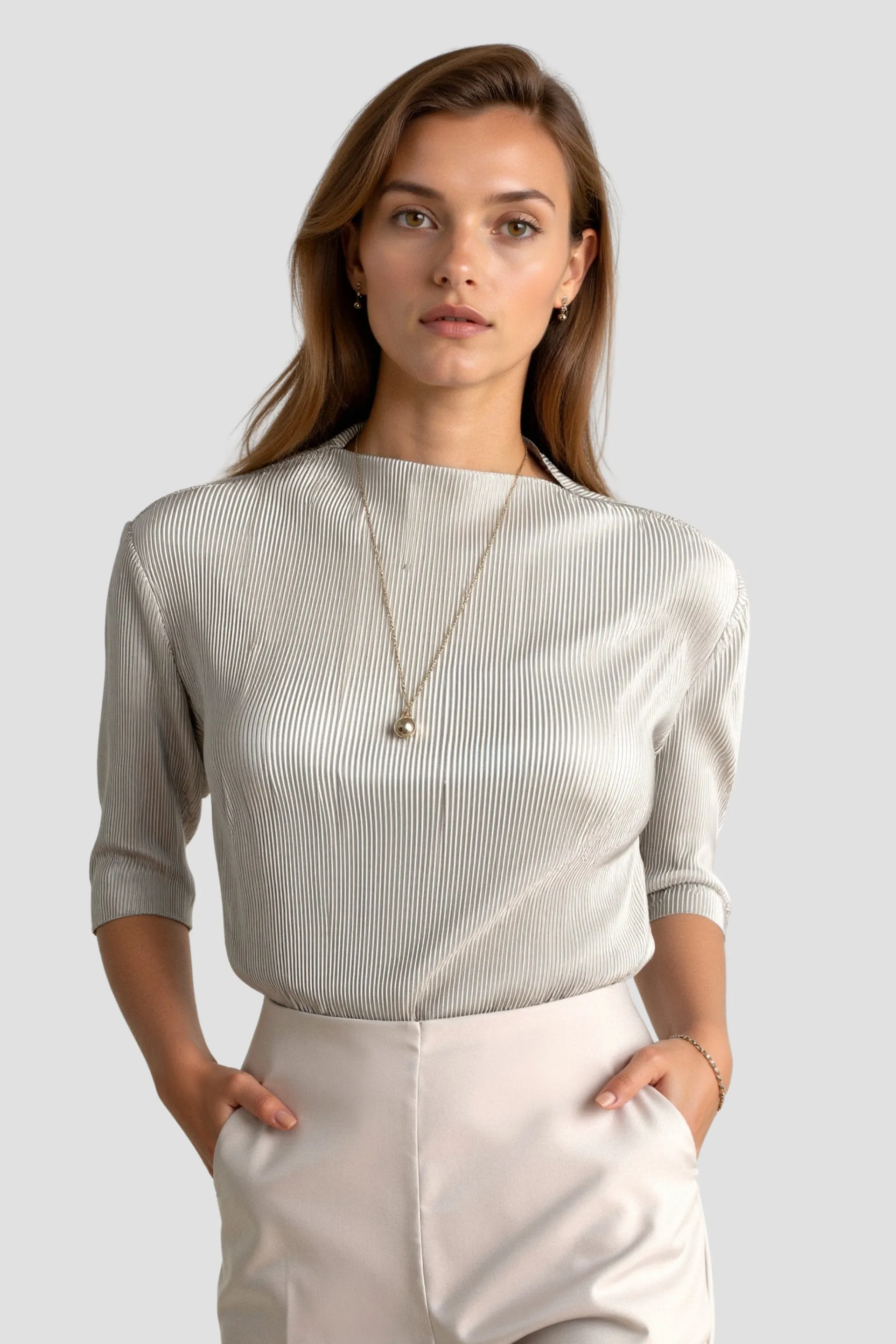 Old Money Elegant Half-Sleeve Women's Boat Neck Textured Blouse