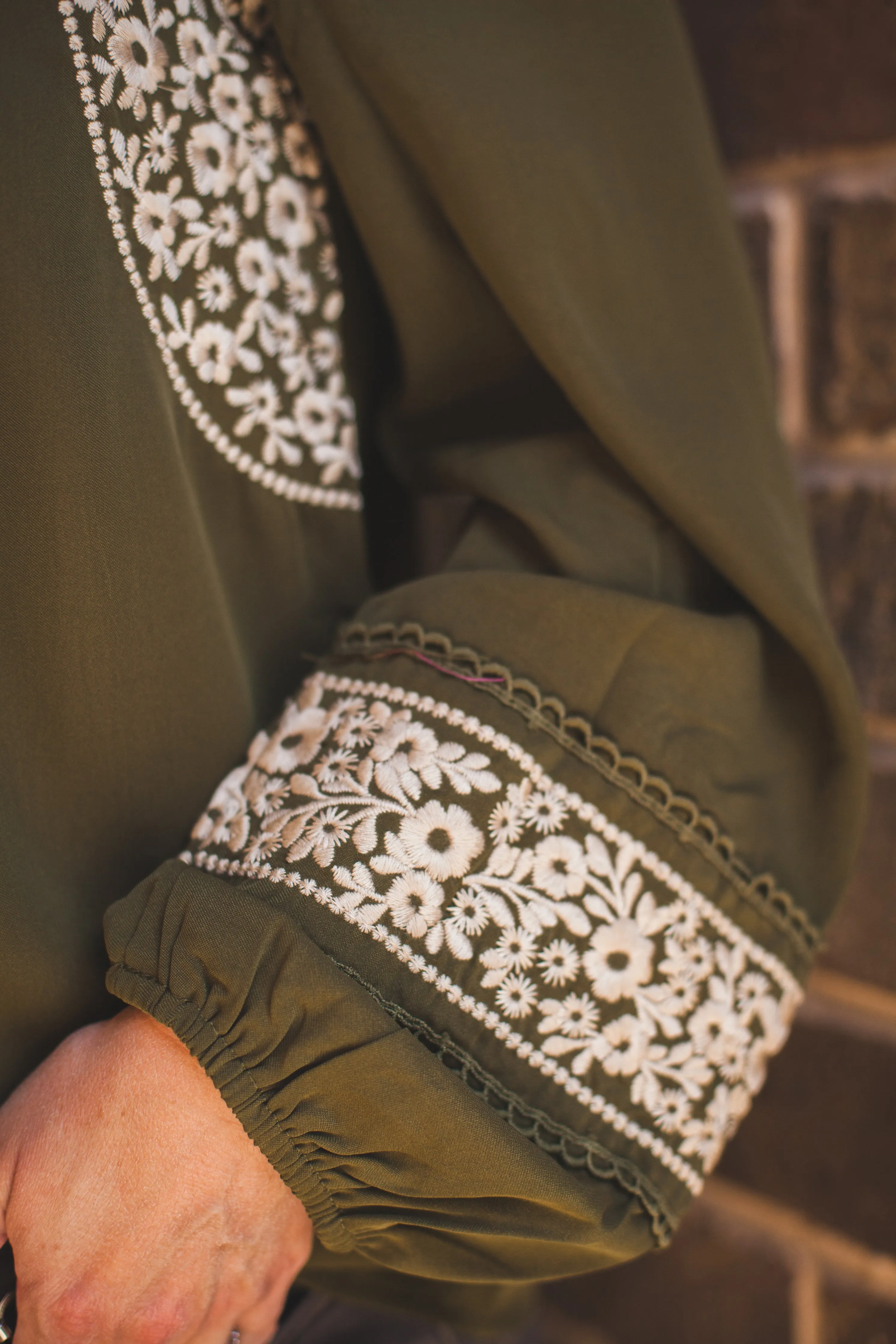 Olive and Cream Embroidered Long Sleeve Top