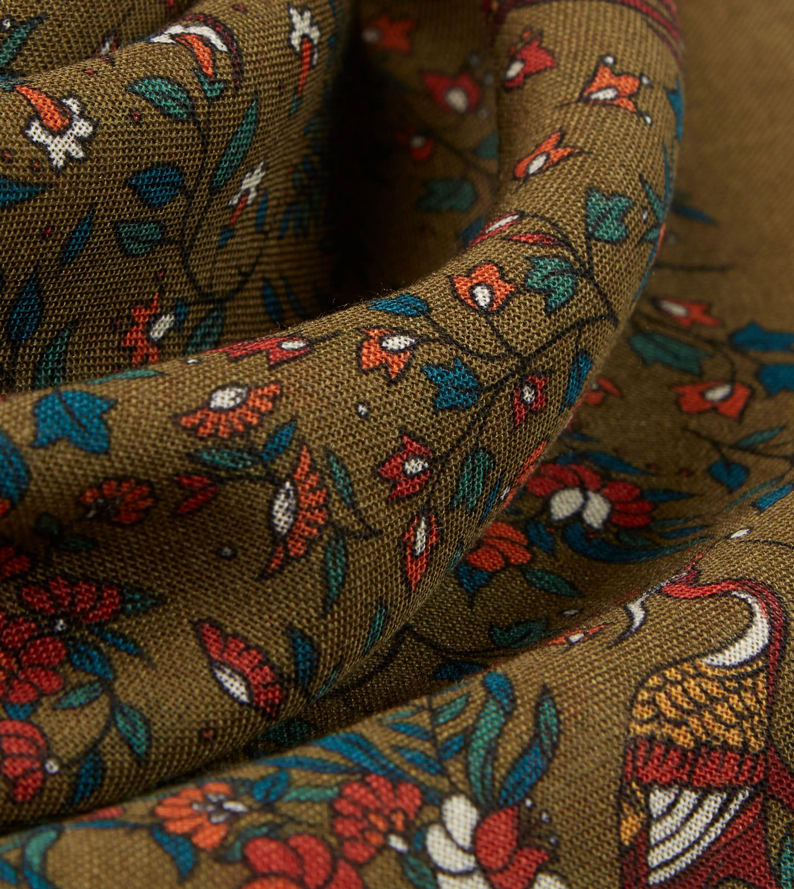 Olive Birds of Paradise Print Wool-Silk Square Scarf