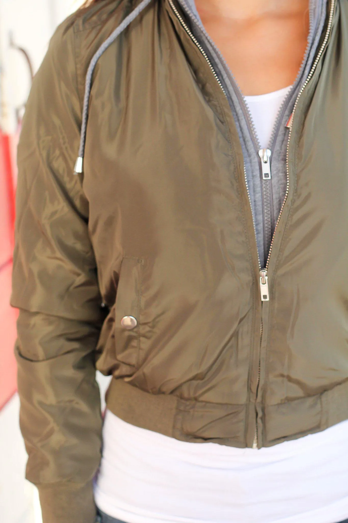 Olive Bomber Jacket with Gray Hood