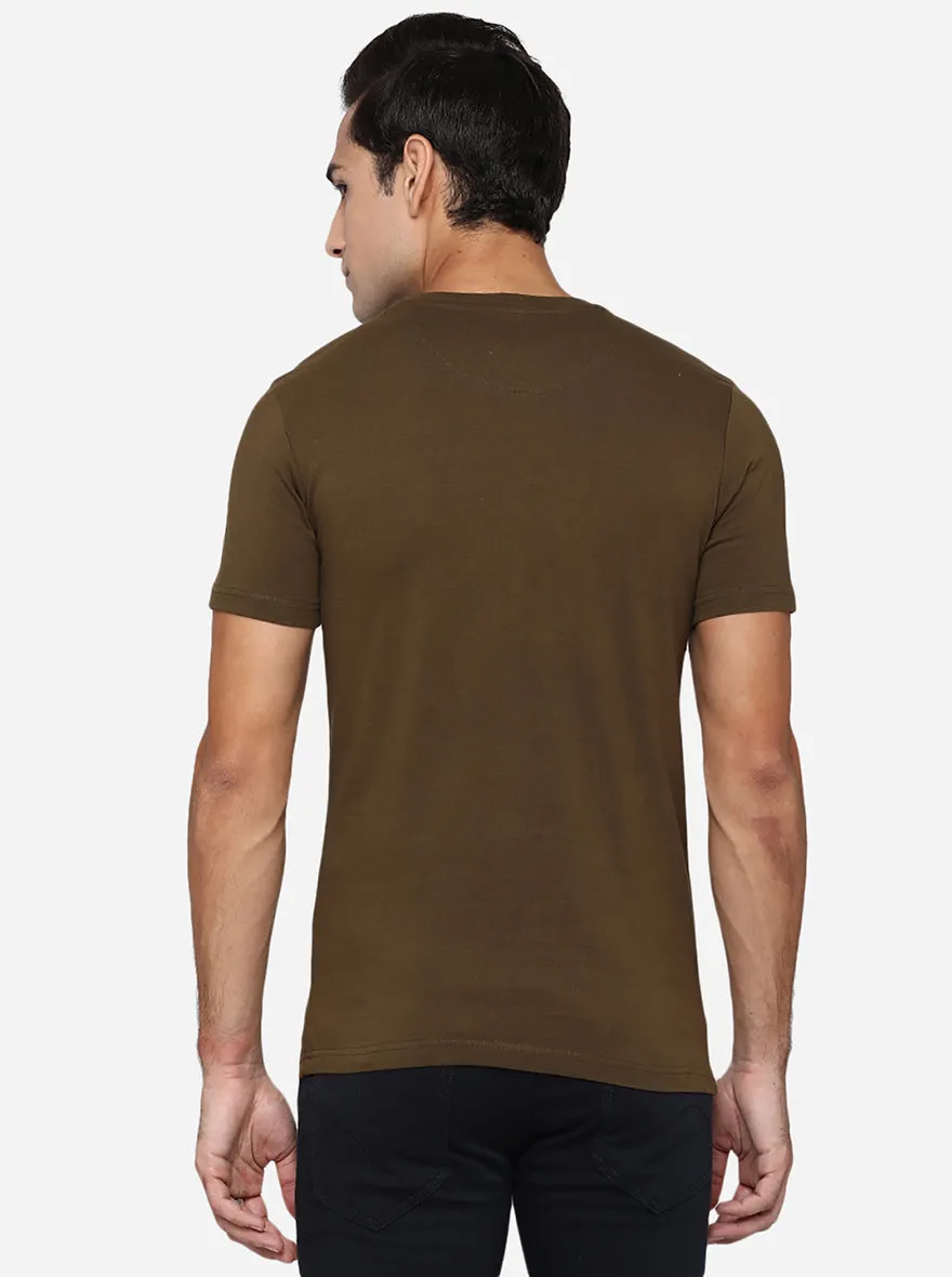 Olive Brown Printed Slim Fit T-Shirt | Greenfibre