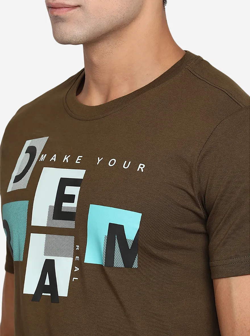 Olive Brown Printed Slim Fit T-Shirt | Greenfibre