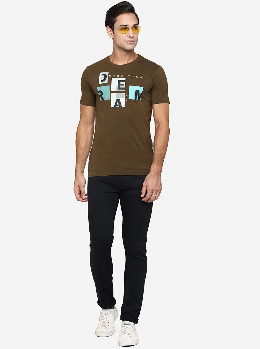 Olive Brown Printed Slim Fit T-Shirt | Greenfibre