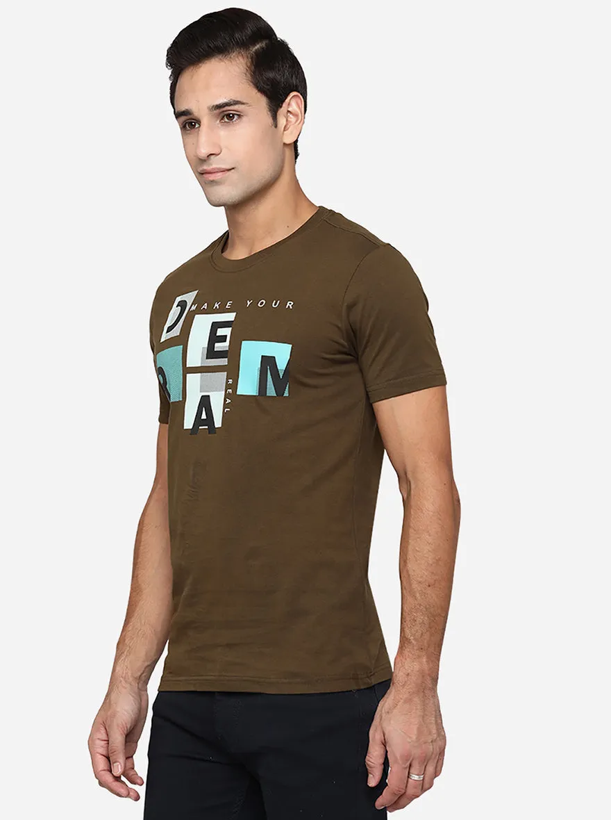 Olive Brown Printed Slim Fit T-Shirt | Greenfibre