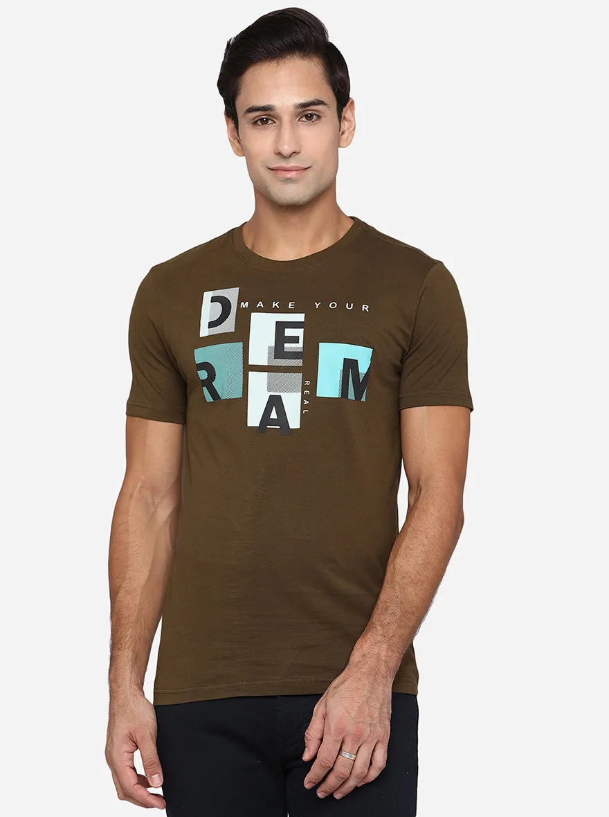 Olive Brown Printed Slim Fit T-Shirt | Greenfibre